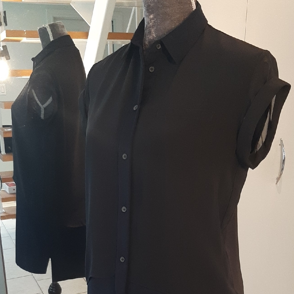 ALLSAINTS😇NAVY & Black PRETTY Lightweight FULL BUTTON Up SHEER SLEEVES High Low - Picture 3 of 13